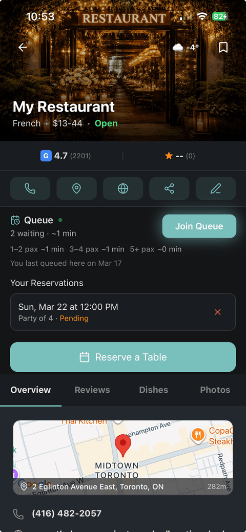 AYCANE mobile app showing restaurant queue and reservation options