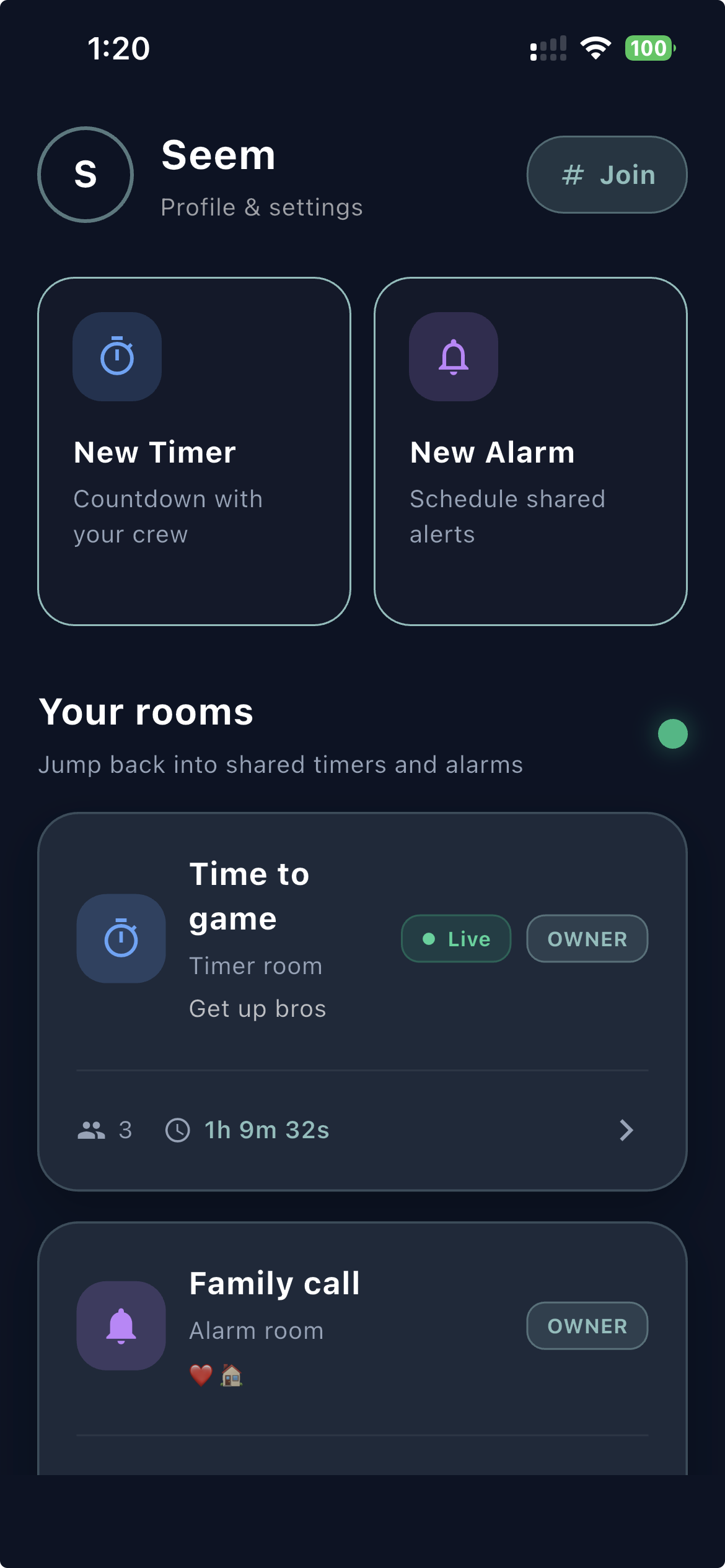 TimeTo app interface showing shared timer and alarm rooms